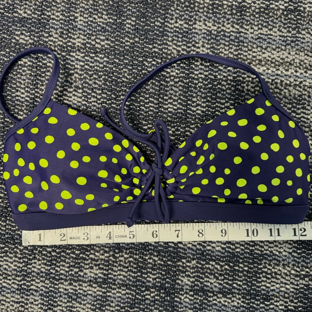 Blue and bright green polka dot bikini top